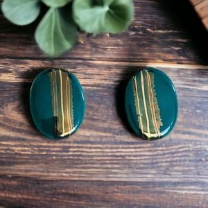 Handmade artisan Ceramic Green Gold Glaze Oval Pierced Stud Earrings